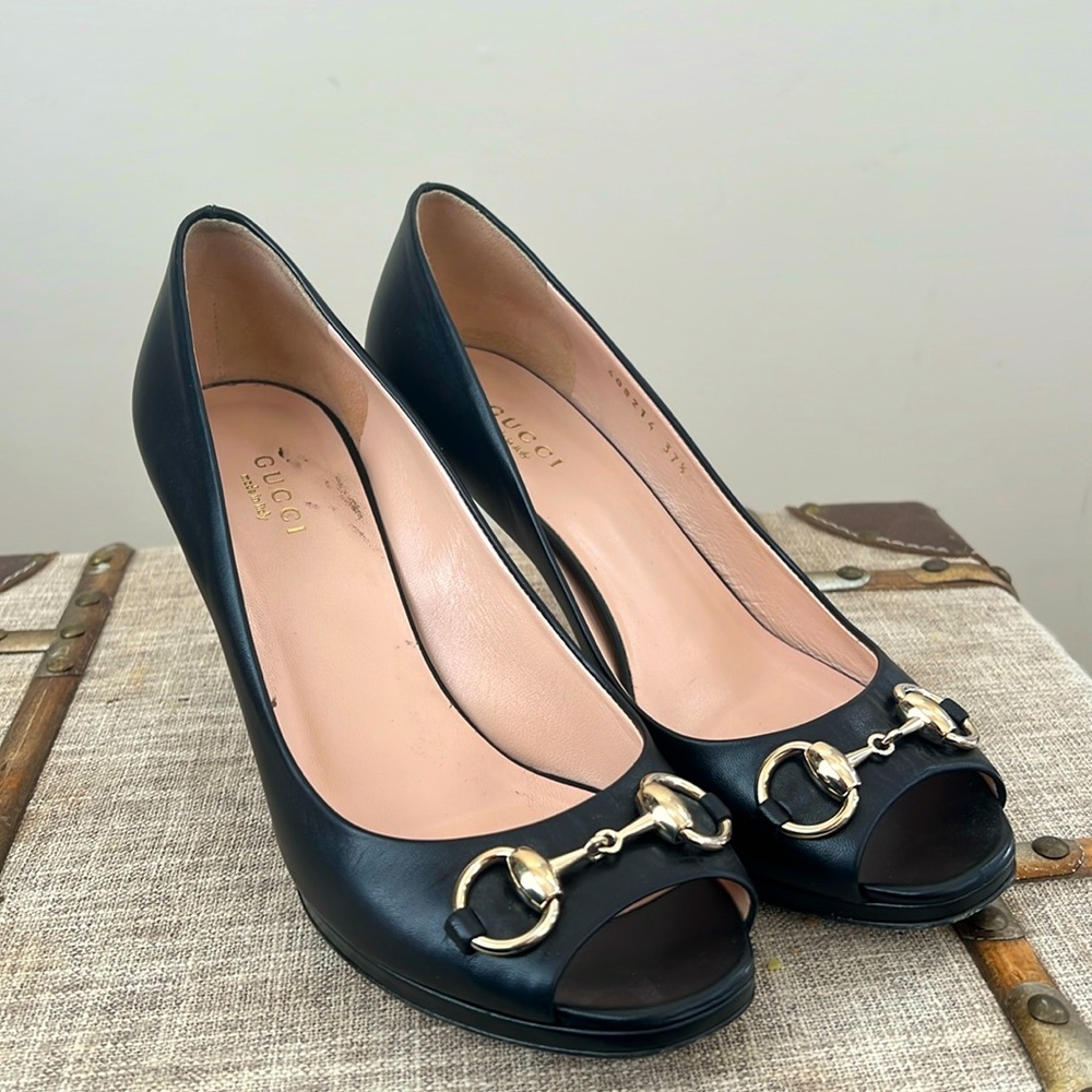 Gucci Peep Toe Heels with Gold Metal Accent